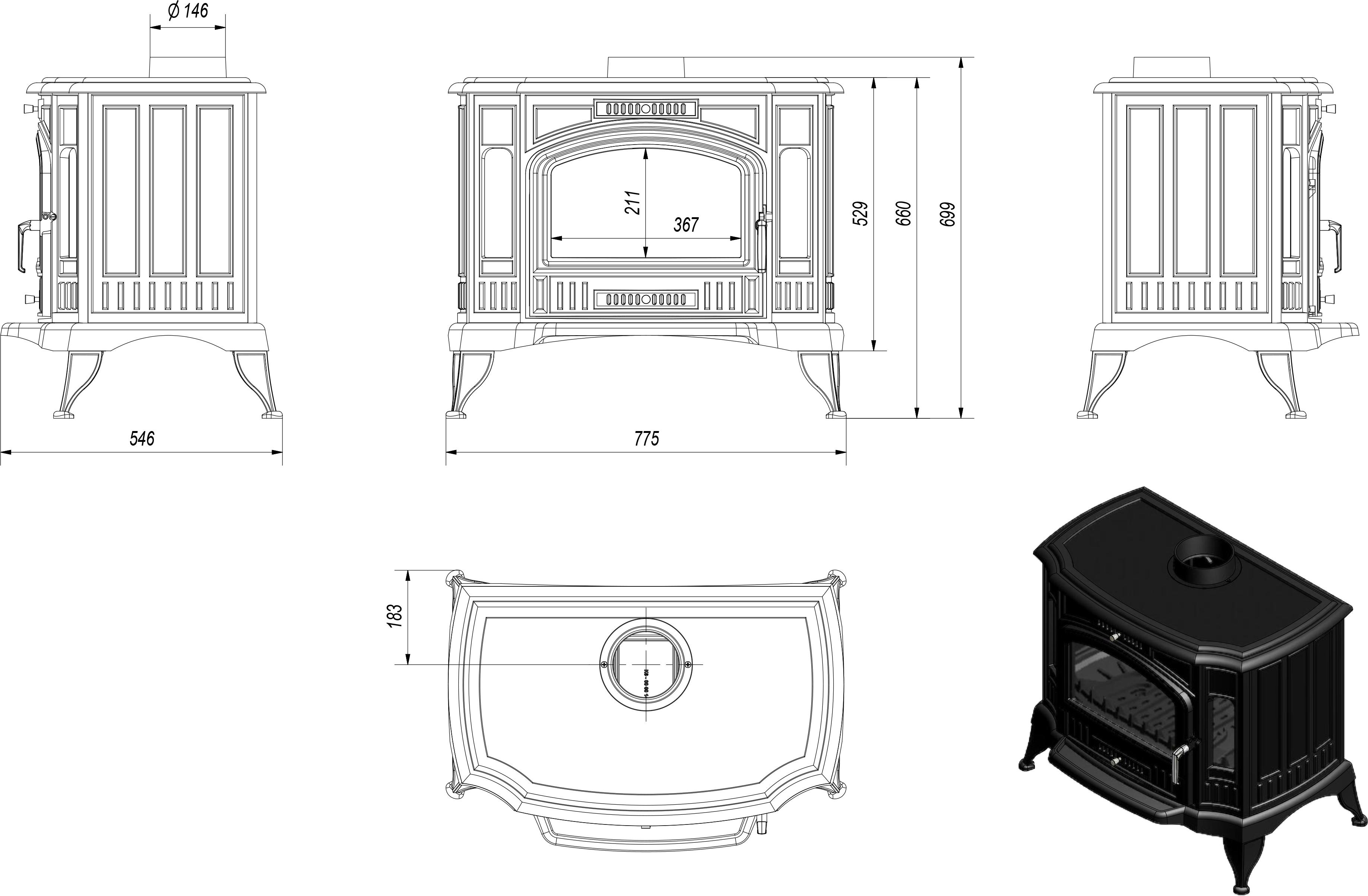 Liatinové kachle na drevo KRATKI K9 Ø 150 9 kW s príslušenstvom