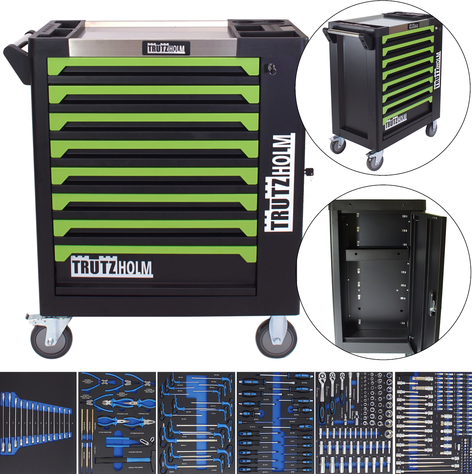 Werkstattwagen 249-tlg. bestückt 8 Schubladen Edelstahlauflage Seitentür Soft Close Schaumeinlagen