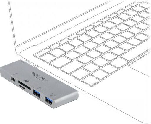 DeLock 3portový rozbočovač a 2-slotová čítačka kariet pre MacBook s PD 3.0 a výsuvným pripojením USB typu C - rozbočovač - 2 x USB 3.2 Gen 1 + 1 x USB-C (napájanie) - stolný počítač (64078)