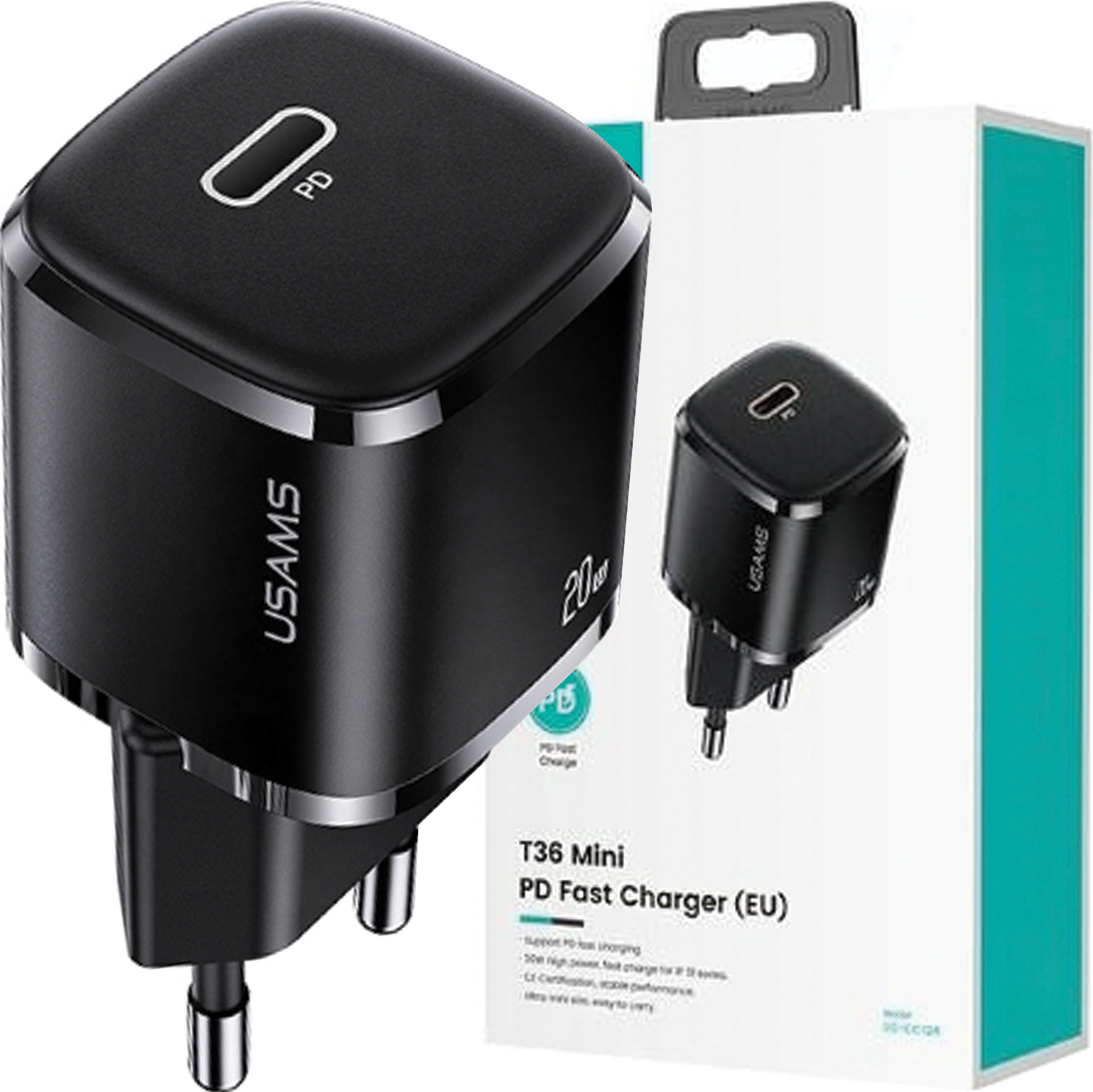 Usams Lad. Siete. 1Xusb-C T36 Mini 20W (Iba Hlava) Pd3.0 Rýchle Nabíjanie Čierna/Čierna Cc124Tc01 (Us-Cc124)