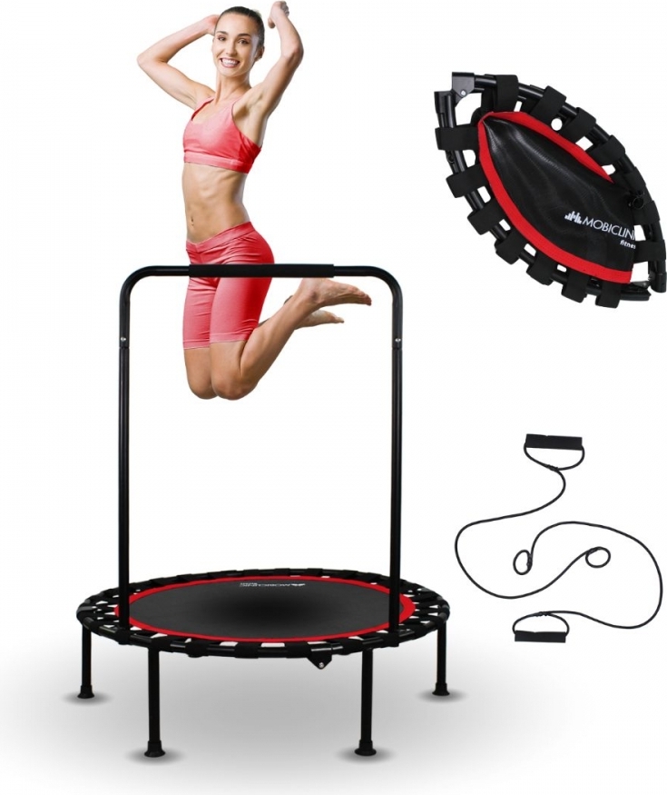 Mobiclinic Kangumobi, fitness trampolína, skladacia, vnútorná aj vonkajšia, Ø 101 cm, 2 odporové pásy, do 150 kg, s nastaviteľnou výškou, červená
