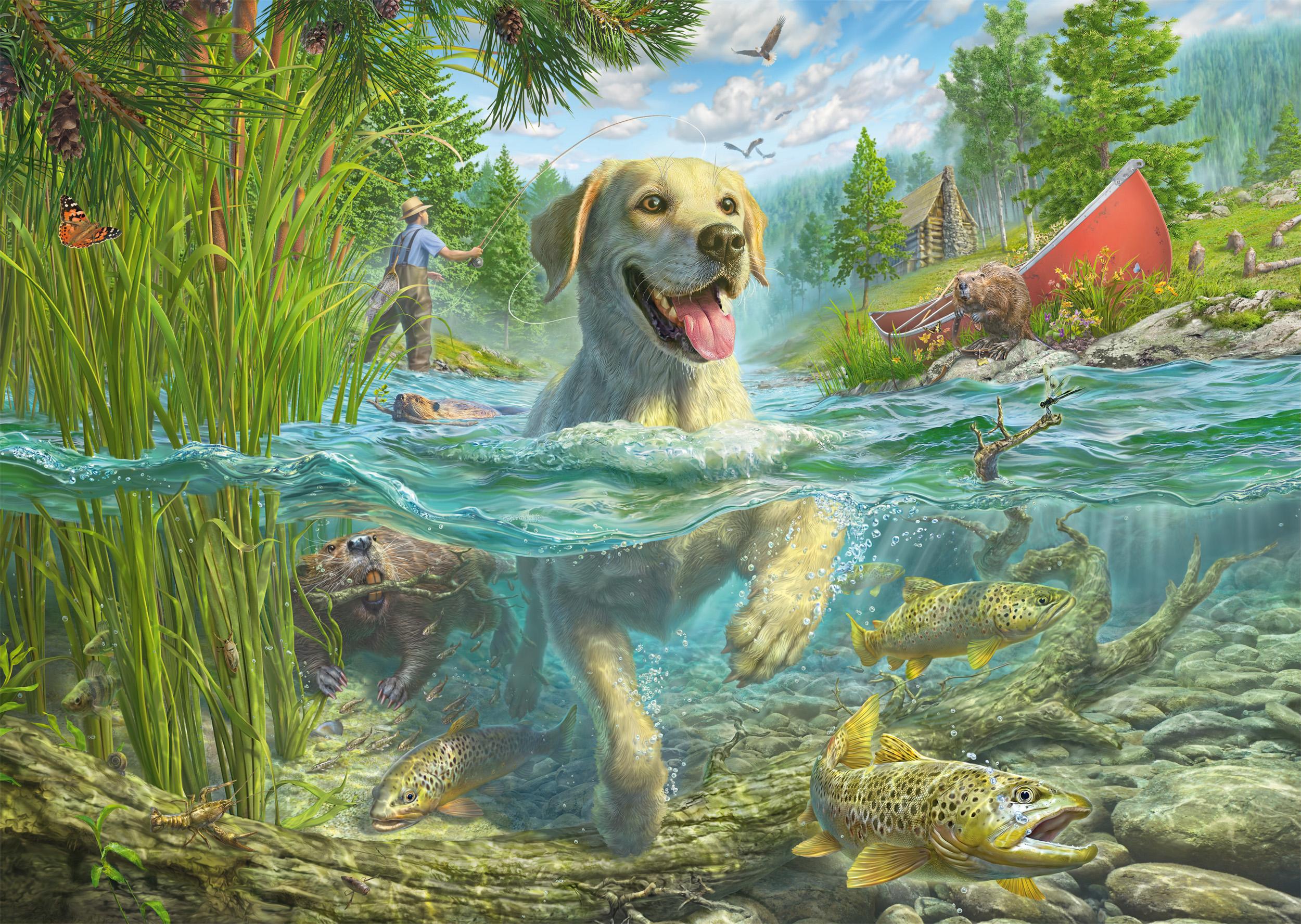 Schmidt Spiele Mark Fredrickson: Hundeliebe - gelber Labrador auf Fischjagd (1000 Teile) 58557