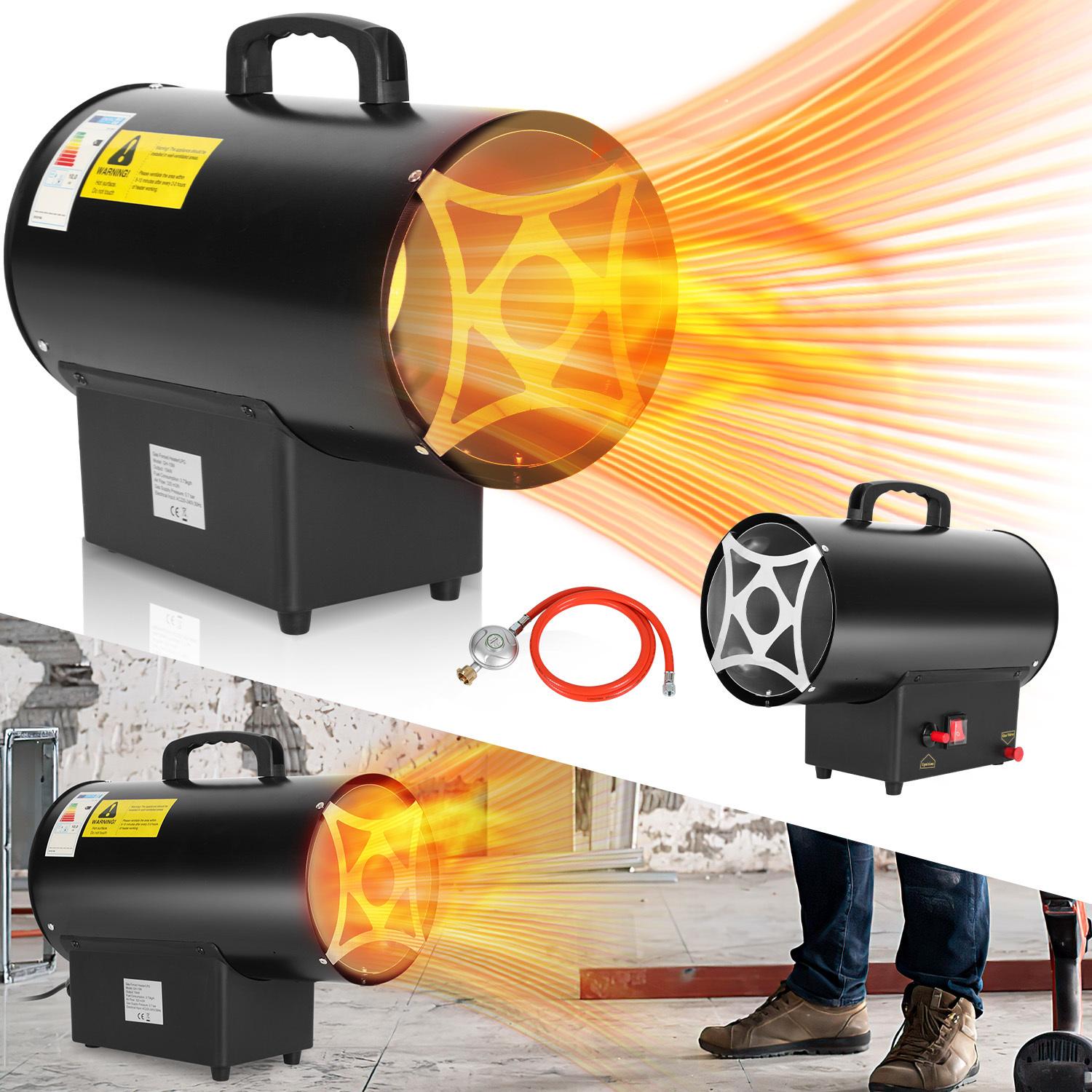 Jayseuw plynový ohrievač ventilátor 15 kW priamy, plynová vykurovacia pištoľ, prietok vzduchu 320 m³/h, plynový ohrievač s hadicou, redukcia tlaku, pre plynovú fľašu na propán/bután