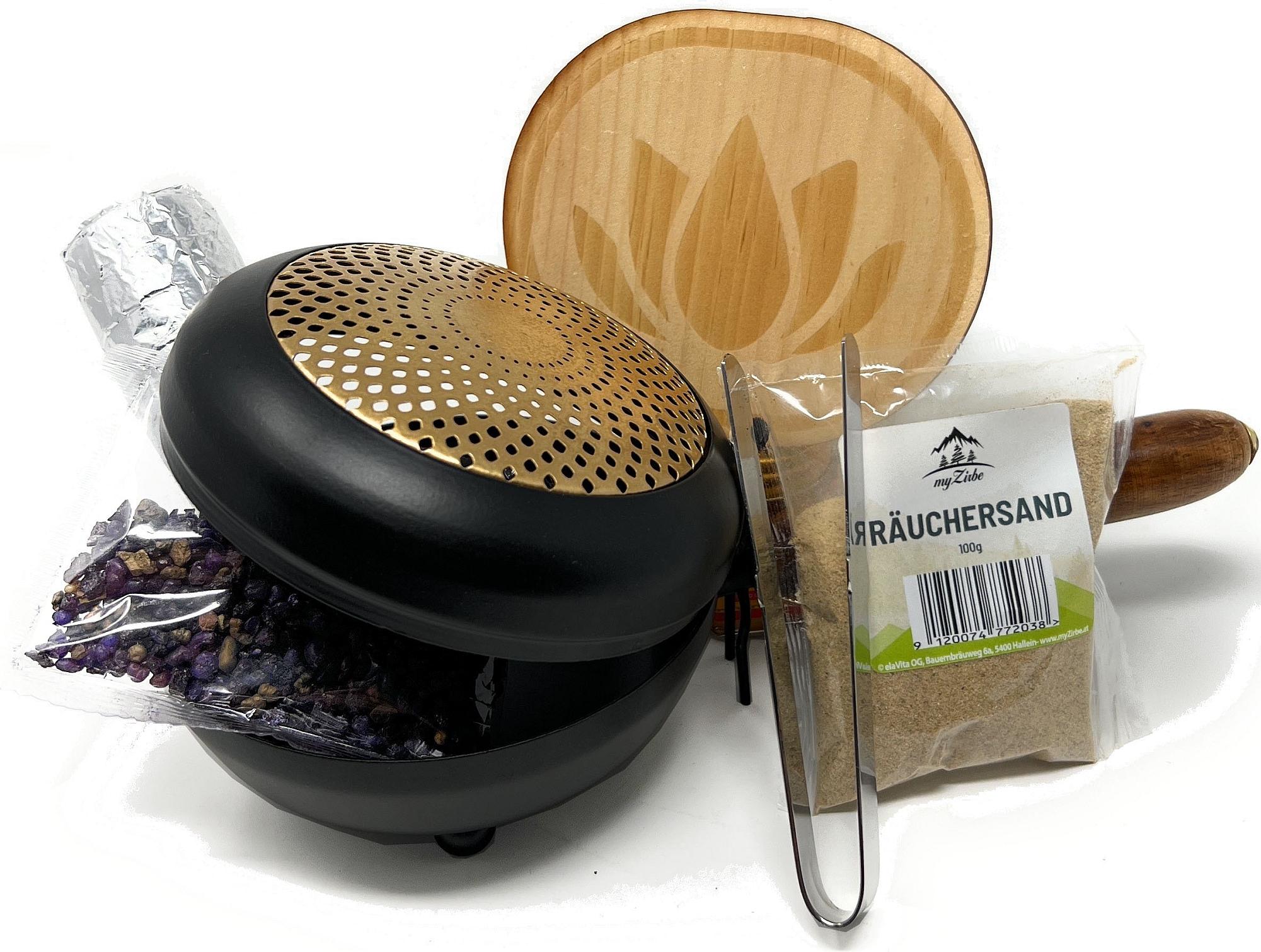 elaVita GmbH Räucherpfanne Set Blume des Lebens 6 teilig - Räuchergefäß zum Räuchern von Weihrauch, Harzen, inkl. Weihrauch, Räucherkohle, Räuchersand, Räucherzange
