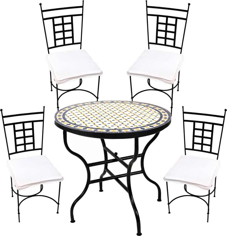 5-dielny záhradný set Giralda White Yellow Blue 80cm Athens | Stredomorský mozaikový stôl so 4 stoličkami | Ručne vyrobený balkónový a terasový set | Marocký mozaikový nábytok z tepaného železa