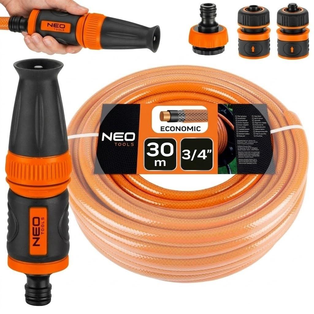 NEO TOOLS Gartenschlauch Set 3/4 Zoll 30 m 4 Lagen Gelb Schwarz mit Spritzdüse und Anschlussstücken 24 bar Berstdruck