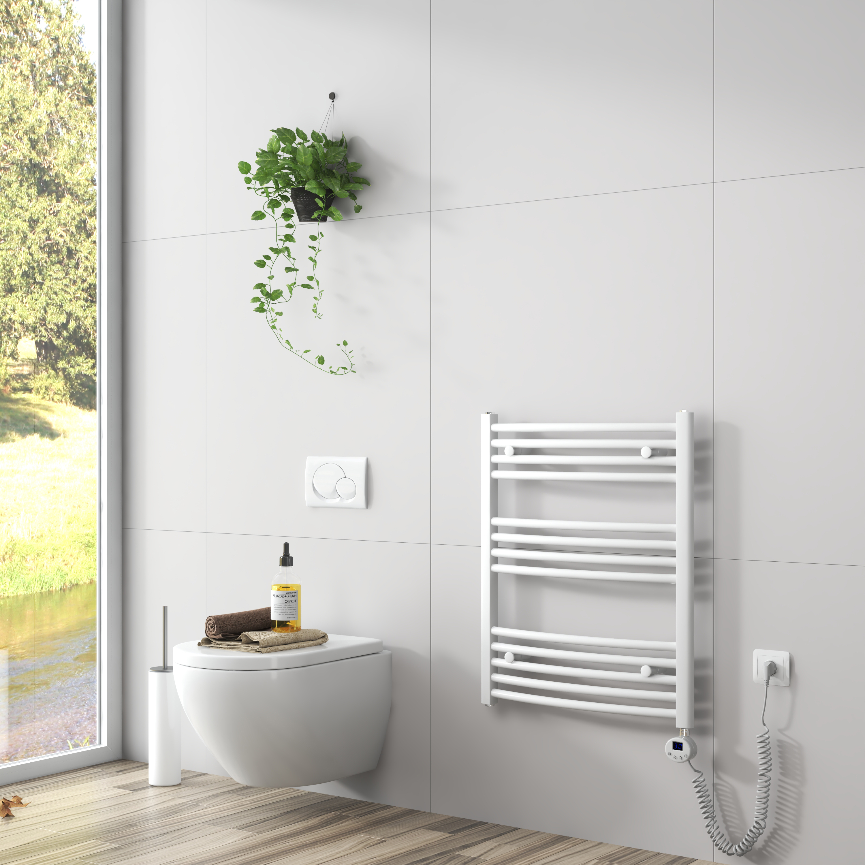 EMKE Badheizkörper Handtuchtrockner 75x60cm Weiß Gebogen Design Heizkörper für Bad mit Smart Thermostat