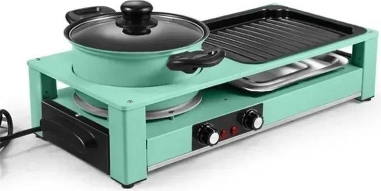 elektrický gril a horúci hrniec 3 v 1 - Multicooker - Bezdymové grilovanie - Teflónový nepriľnavý povrch - Nastaviteľná teplota - 2001-2500 W - 220 V zástrčka EÚ - Zelená