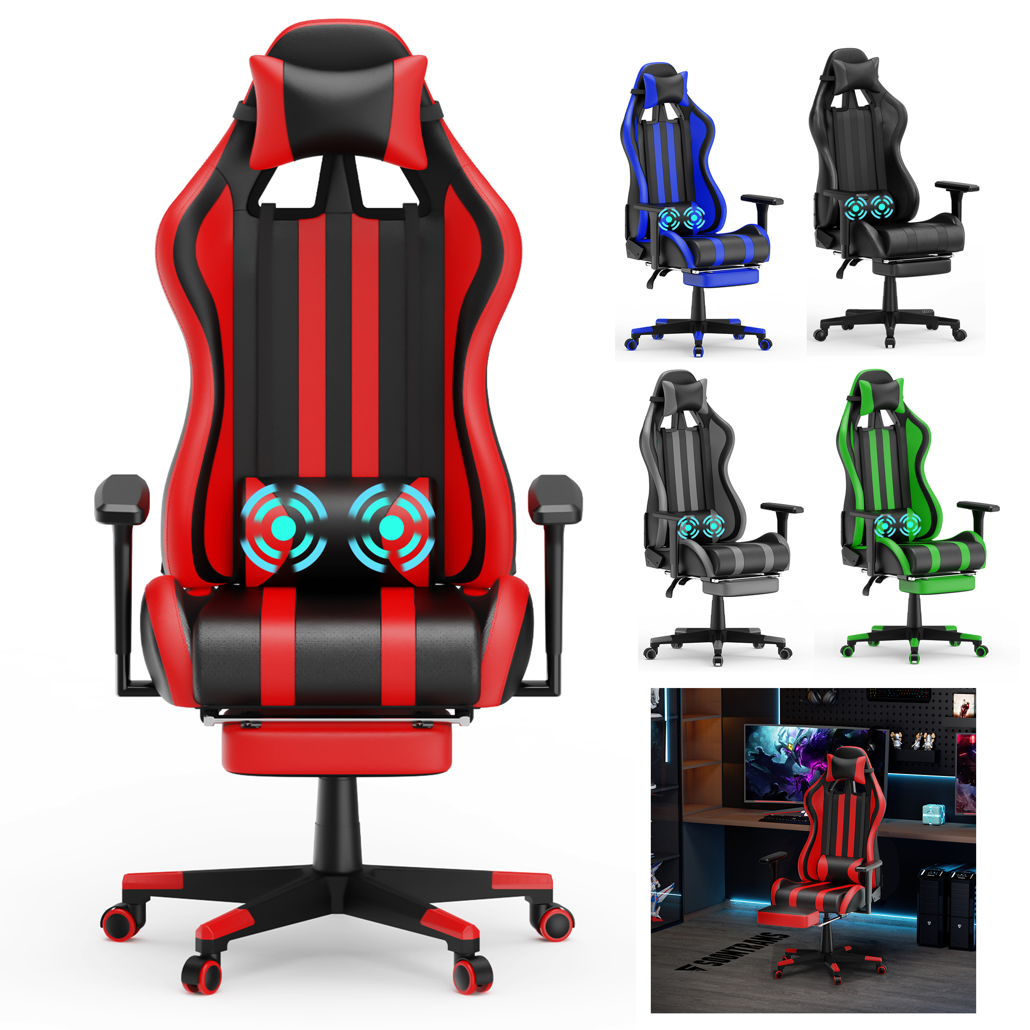 Masážna herná stolička LZQ ergonomická kancelárska stolička s nastaviteľným bedrovým vankúšom, opierkou nôh a hlavy, nosnosť 130 kg, červená