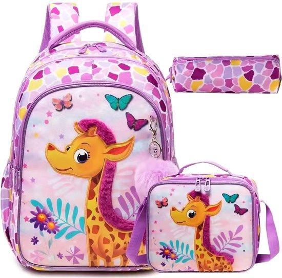 Ultiluxe.nl Ultiluxe Giraffenrucksack, Lunchbox, Etui - Rosa/Lila - Teddy-Stoff - 42 x 30 x 20 cm - 3-teiliges Set