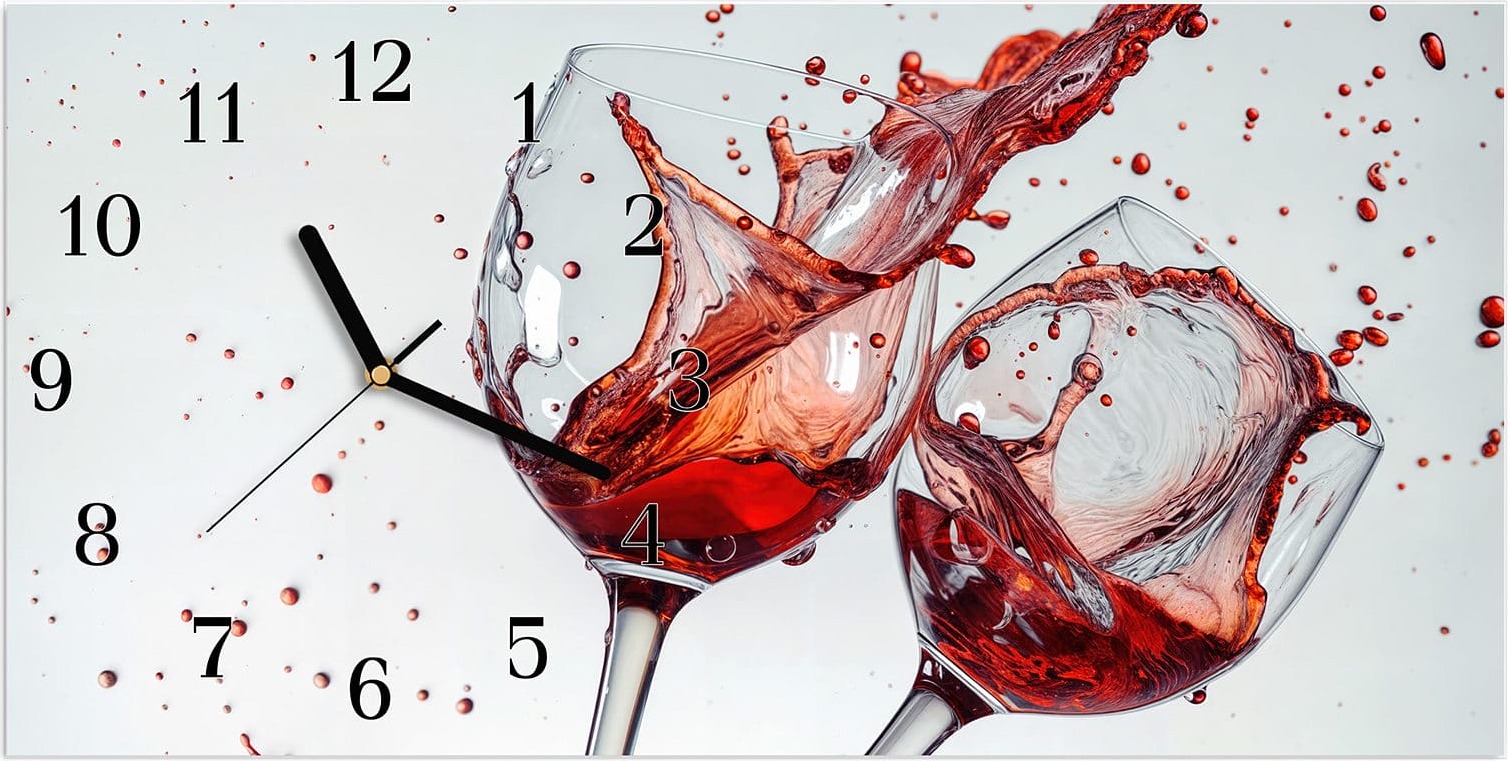 Primedeco Wanduhr aus Glas mit Motiv Weinkelchplätschern- 60 x 30 cm - inkl. Aufhängesystem