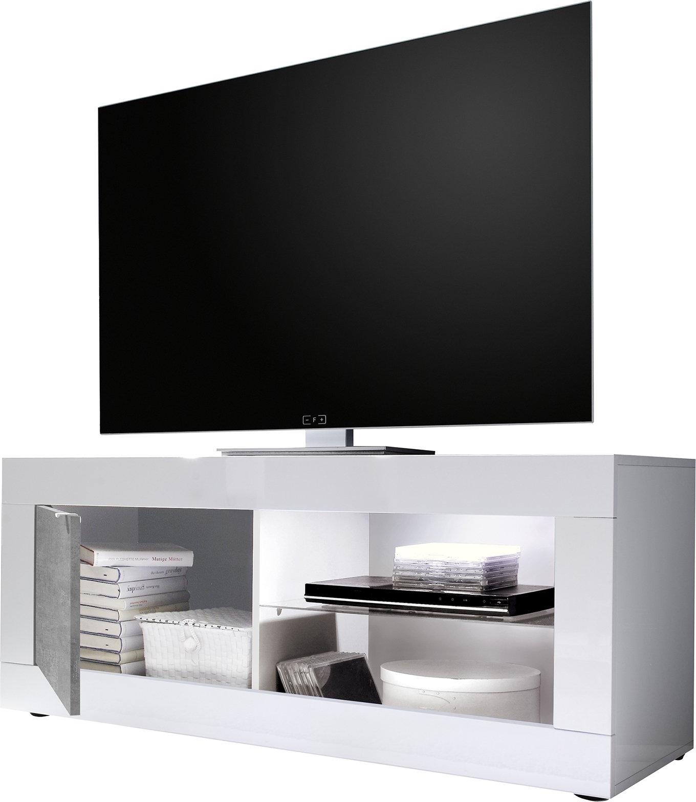 Dmora TV-Schrank Gambara 140x43x56h cm Hochglanz Weiß, 2 Regale Grifföffnung