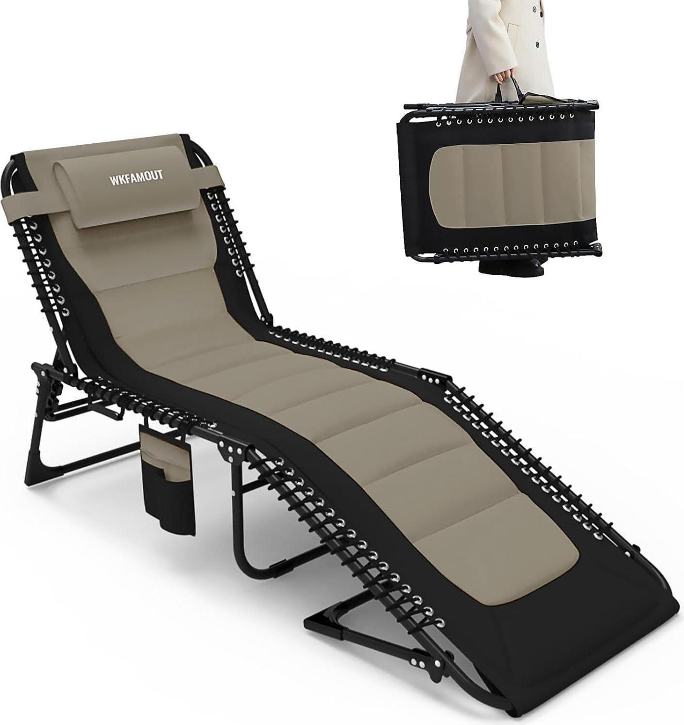 Nadrozmerné skladacie lehátko Plážové lehátko XXL 5-cestne nastaviteľné s vankúšom a bočným vreckom 200x68cm Khaki