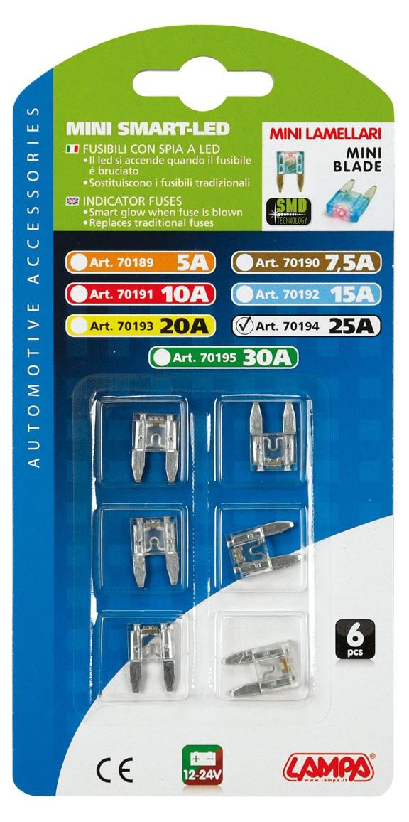 LAMPA Smart Led, Set 6 Mikro-Lamellensicherungen mit LED-Kontrollleuchte, 12/32V - Ausführung: 25A 70194