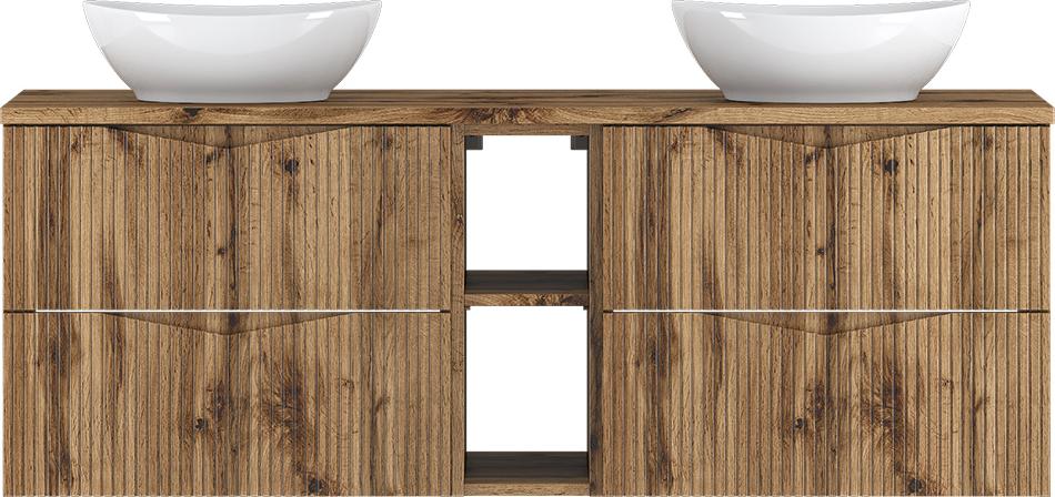 Badezimmer Doppelwaschtisch mit 140 cm Breite in Eiche mit gerillter Front, 4 Schubladen & 2 Fächer - CALURI-140