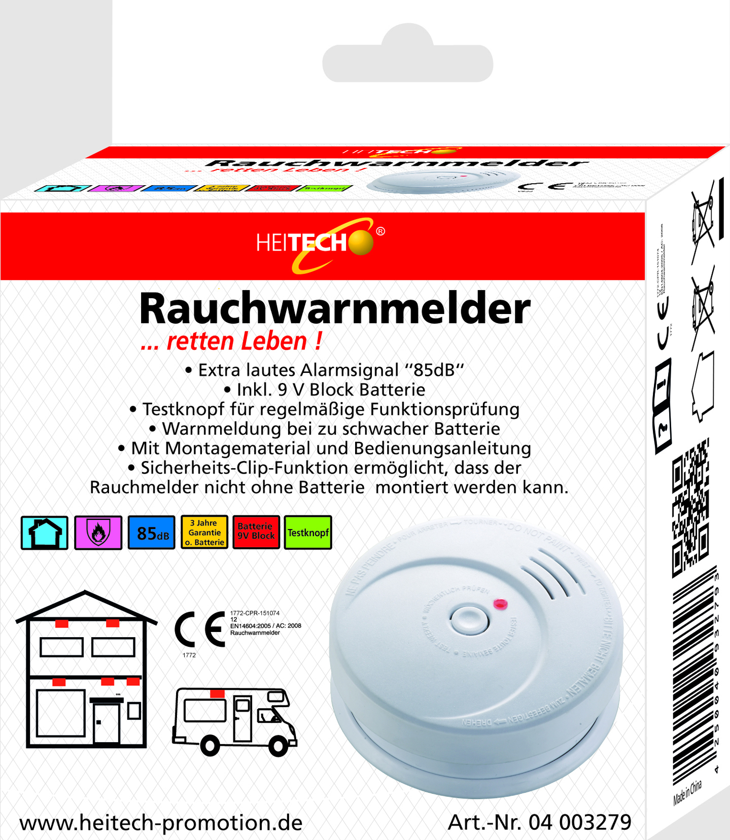 HEITECH Rauchwarnmelder, extra lauter Warnton 85dB 04003279