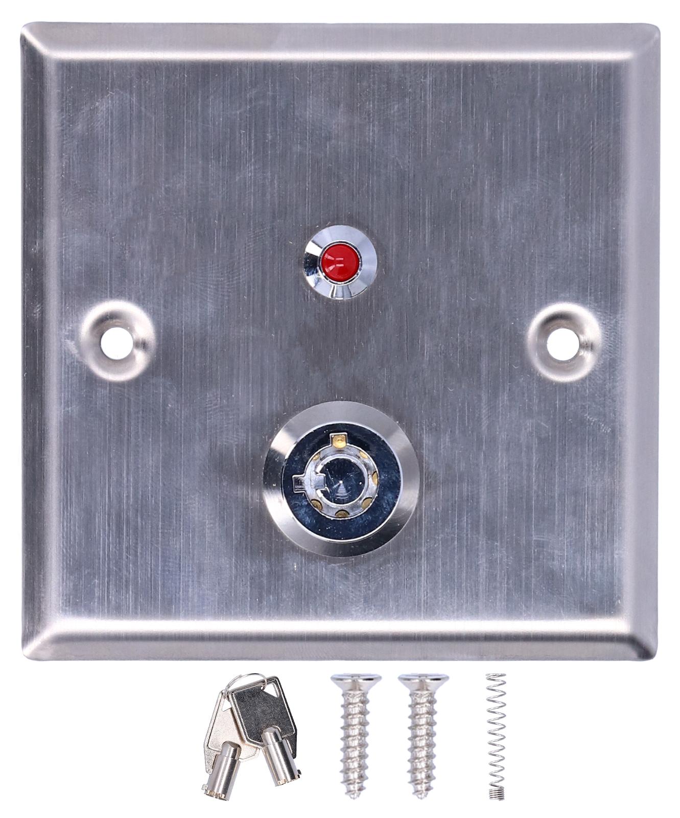Gistuch 12 VDC Ausgangsschlüsselschalter, Schloss, Ein/Aus, Not-Türentriegelung, 86 x 86 mm, mit roter LED-Anzeige, Manipulationssignale