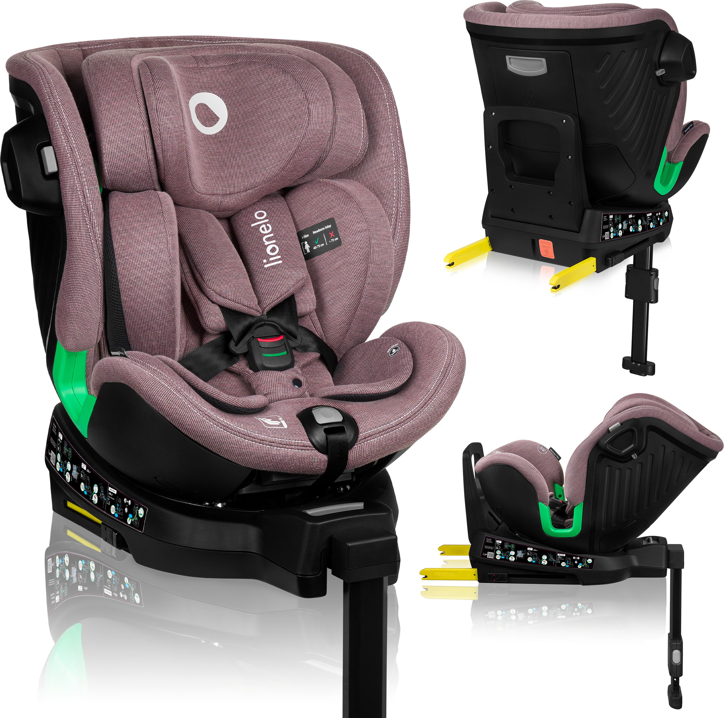 Detská autosedačka Lionelo Harmony i-Size, 360° základňa EasyTurn, ISOFIX a opora nohy, BuckleAlarm, ochrana proti bočnému nárazu, nastaviteľná opierka hlavy a chrbta - Rose