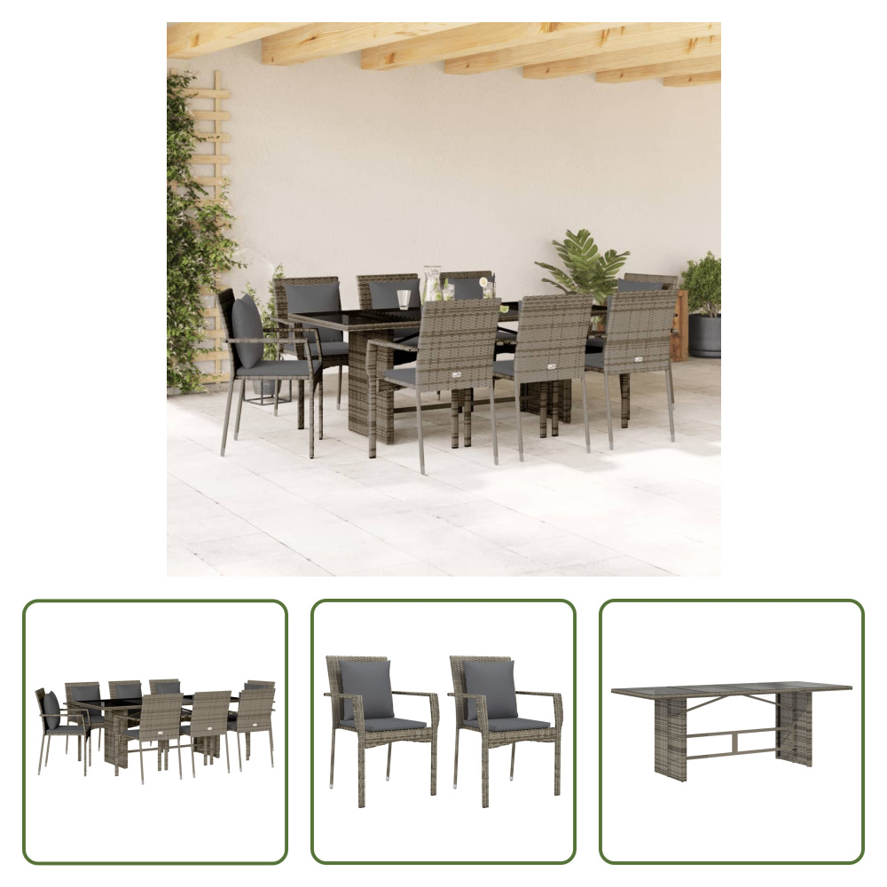 The Living Store 9-dielny záhradný jedálenský set s vankúšmi sivý polyratan