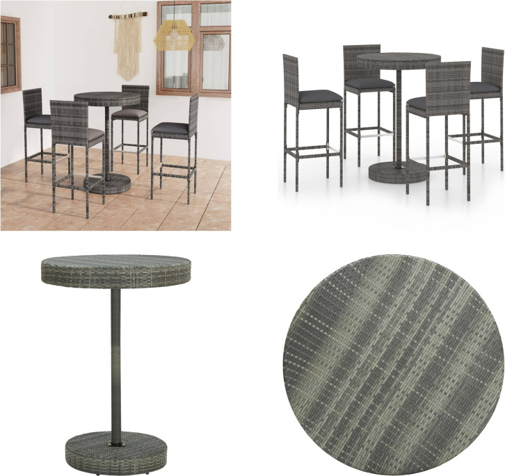 vidaXL 5-dielny záhradný barový set s vankúšmi polyratan sivý - Barový set - Barové sety - Barový stôl a barové stoličky - Barový stôl