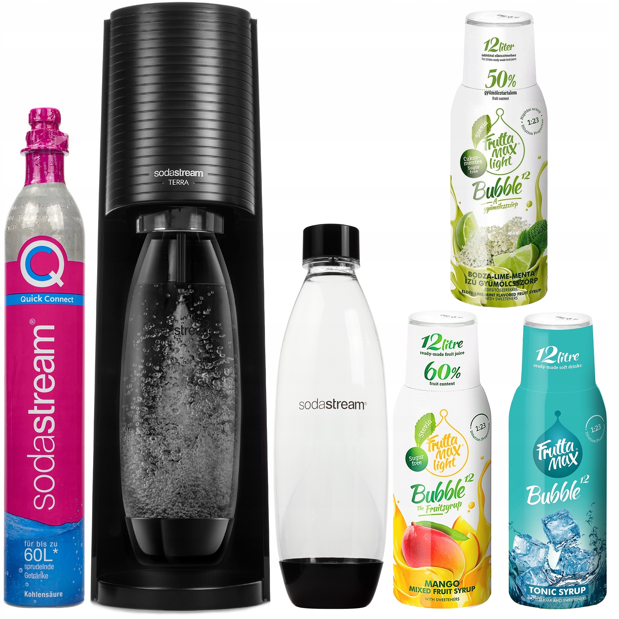 Výrobník sody SodaStream Terra Black + 1 Bottle Black + sirupy Fruttamax