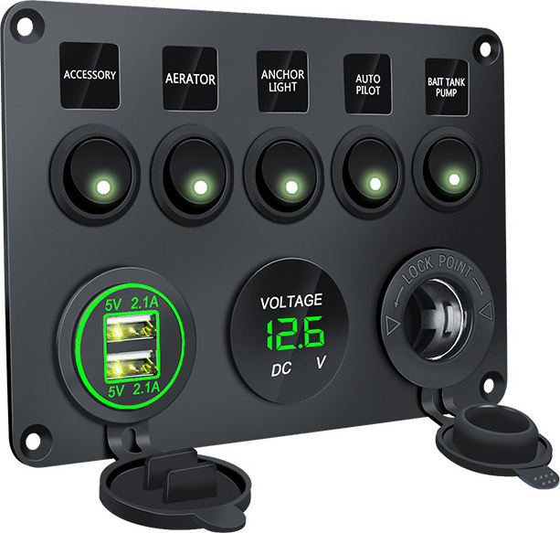 INF Panel vypínača – 5 vypínačov, voltmeter, 2 zásuvky USB Čierna + zelená