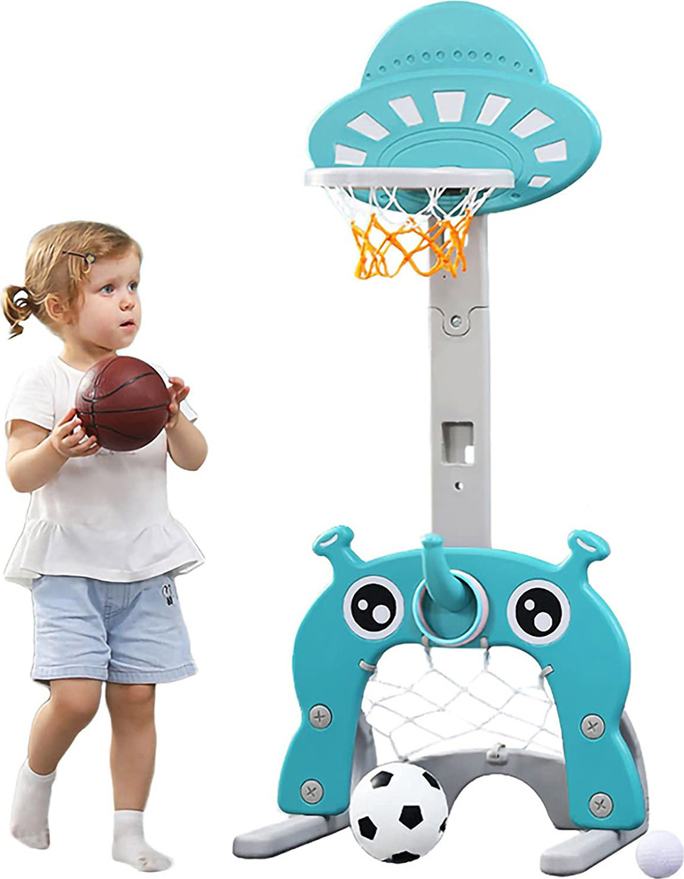 Supfine 3 in 1 Kinder Spielplatz höhenverstellbarer Basketballkorb Set,Fußballtor,Ringwurfspiel 146x58x55cm Blau