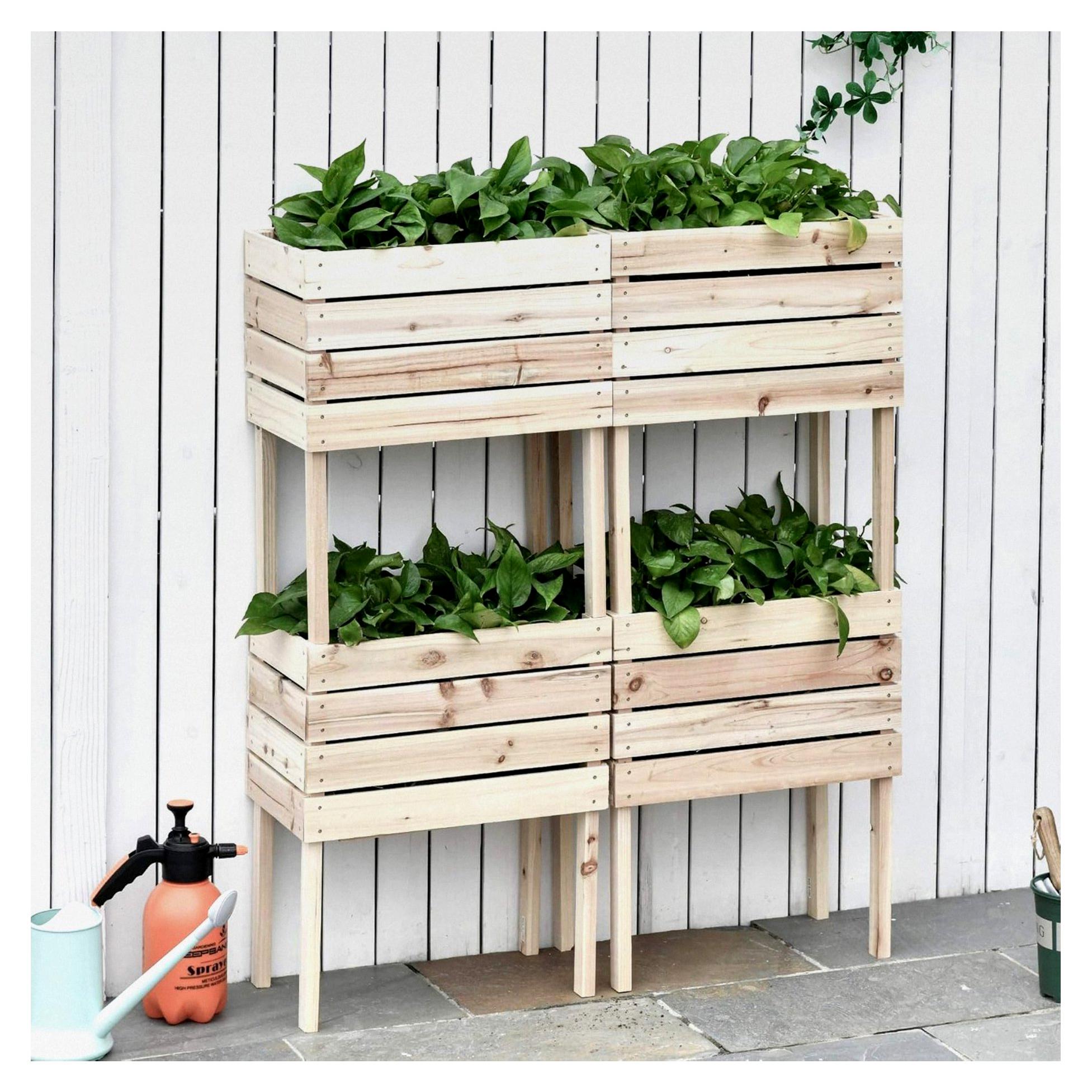 Markenlos 4-teiliges Hochbeet Pflanzkübel aus Holz mit 4 Kombinationsmöglichkeiten für Garten und Balkon 50 x 30 x 60 cm Natur