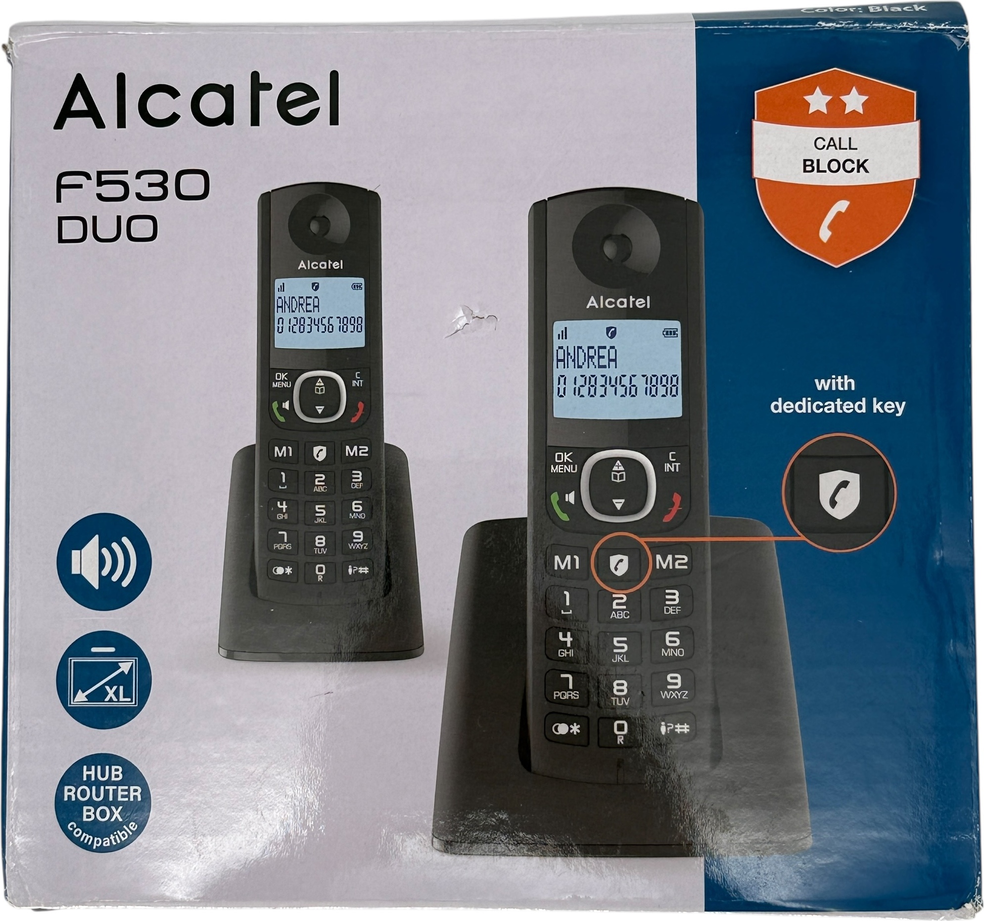 ALCATEL F530 Duo – Schnurloses DECT-Telefon-Set – Großes beleuchtetes Display – Freisprechfunktion – Anrufsperrfunktion – 2 Direktwahltasten – 2 Mobilteile – Schwarz