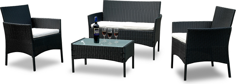 SWANEW Záhradný nábytok Sedacia súprava Gauč Balkónová súprava Relax Lounge Sklenený záhradný stôl Záhradná súprava čierna
