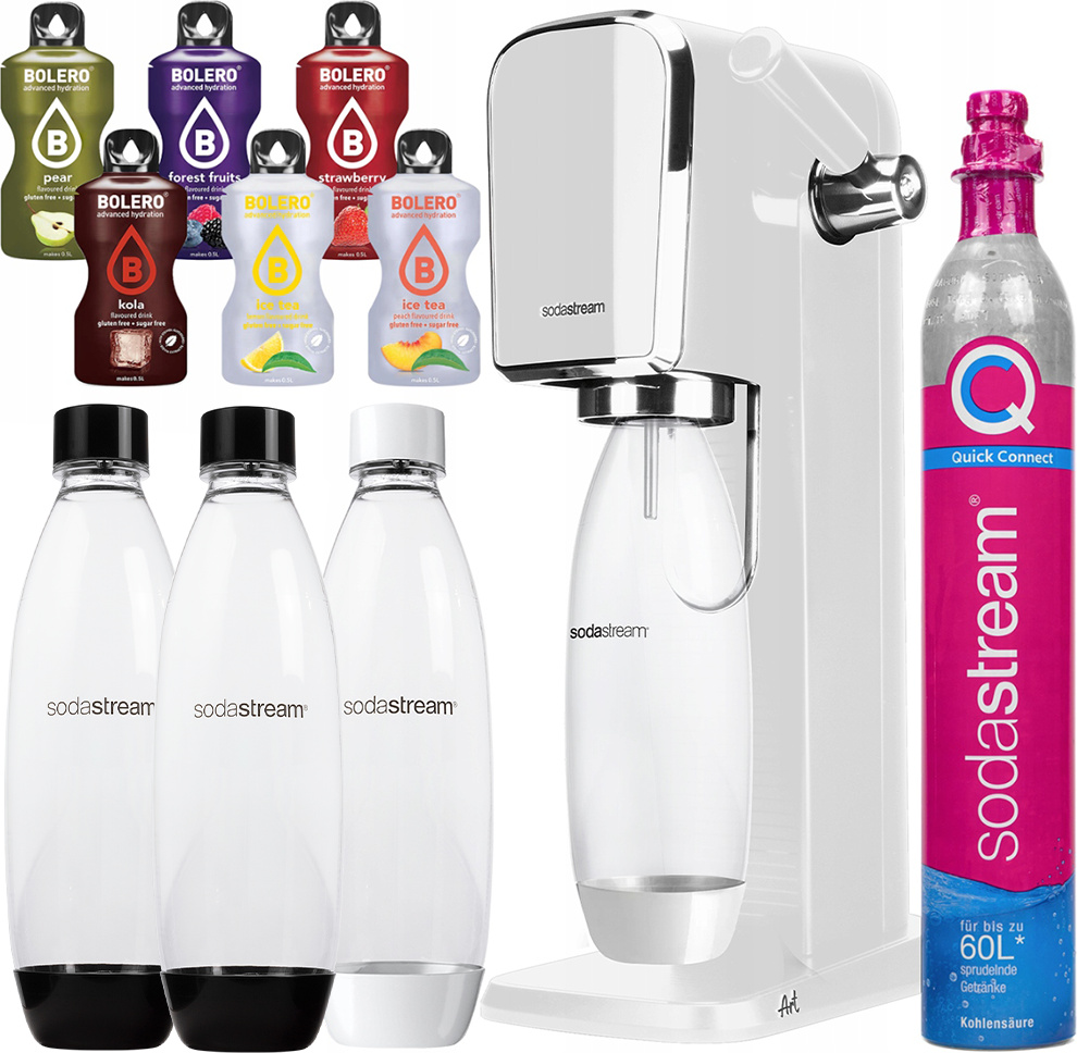 SodaStream Art Výrobník perlivej vody biely 1 fľaša + fľaše SodaStream 1L Fuse, 2 kusy, čierna + Bolero
