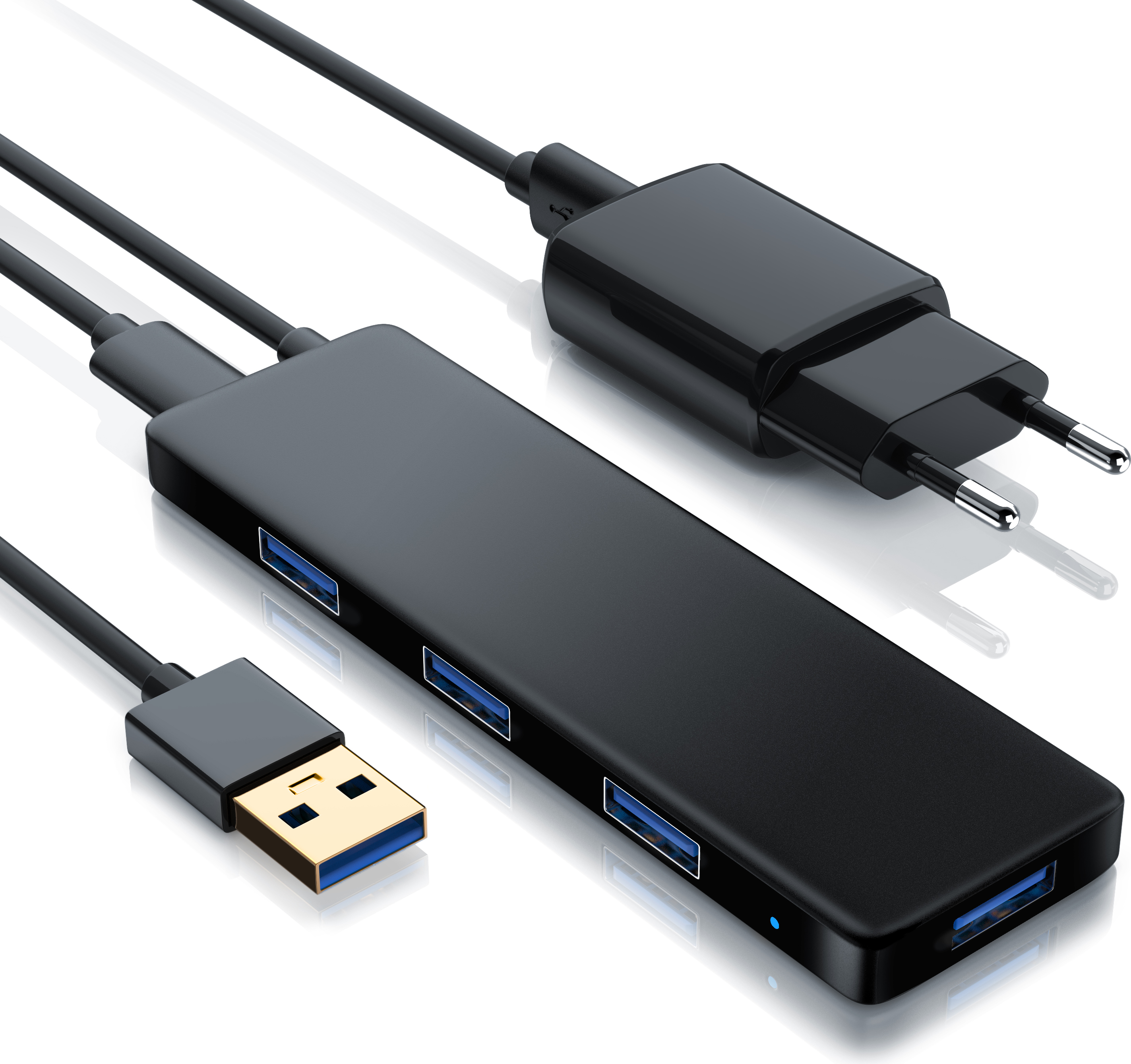 Primewire USB 3.2 rozbočovač s napájaním, ultra tenký 4-portový rozdeľovač, dátový rozbočovač pre PC PS4 notebook netbook notebook ultrabook tablet PC MacBook, napájaný zo zbernice, modrá LED dióda, vrátane napájacej jednotky
