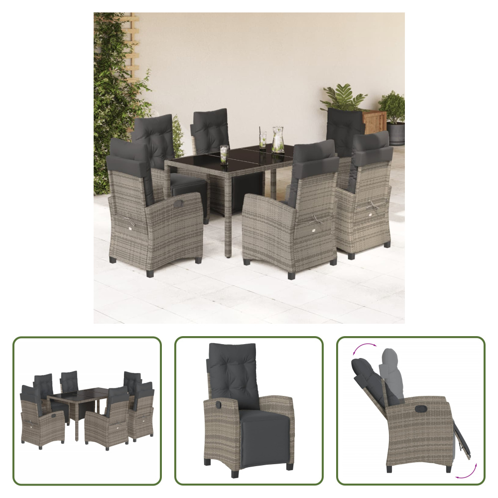 The Living Store 7-dielny záhradný jedálenský set s vankúšmi sivý polyratan