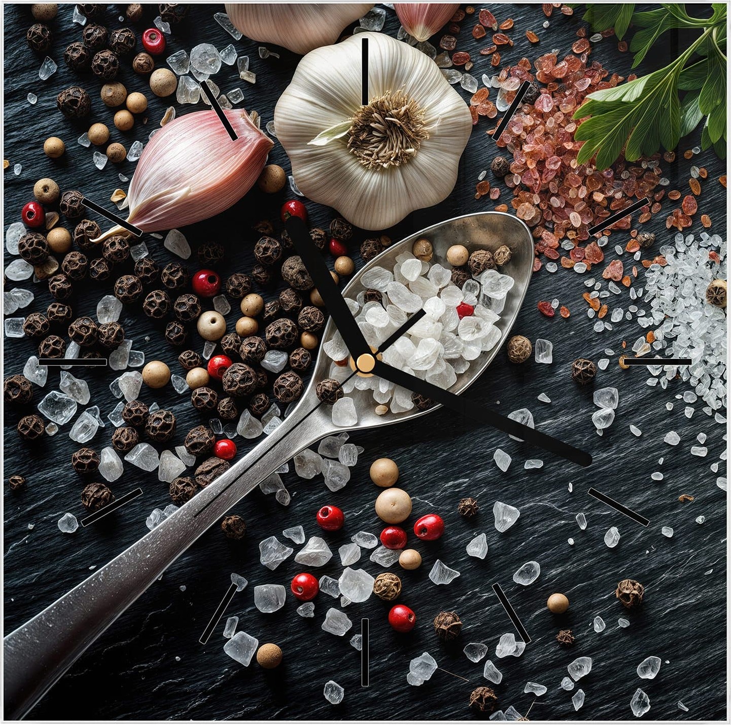 Primedeco Wanduhr aus Glas mit Motiv Küchenzutaten- 30 x 30 cm - inkl. Aufhängesystem