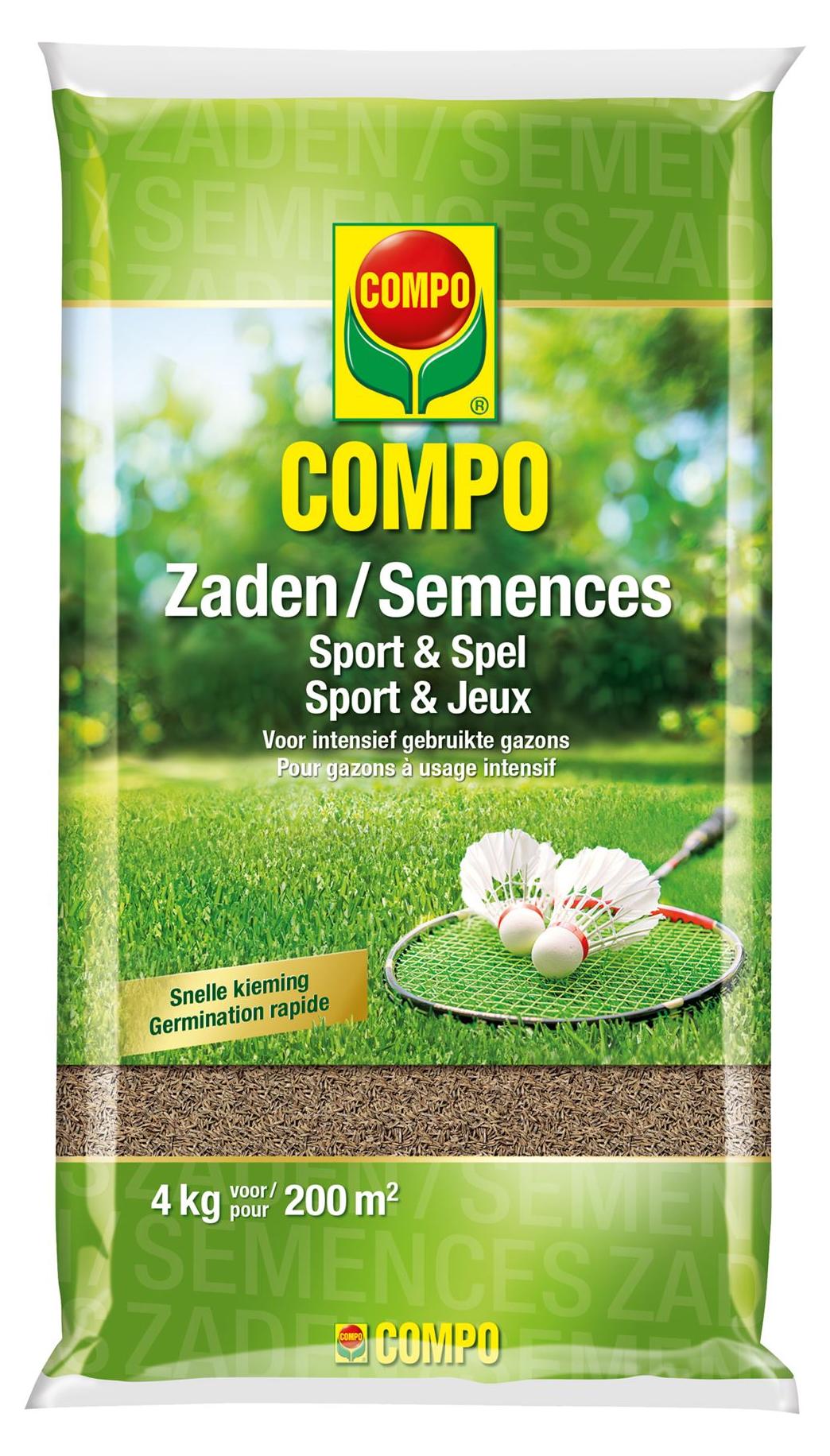 Compo Grassamen 4kg für 200m² - Sport & Spiel - Promo - Schnelle Keimung - Schnelle Selbstheilung - Grün gefärbt gegen Vogelkot
