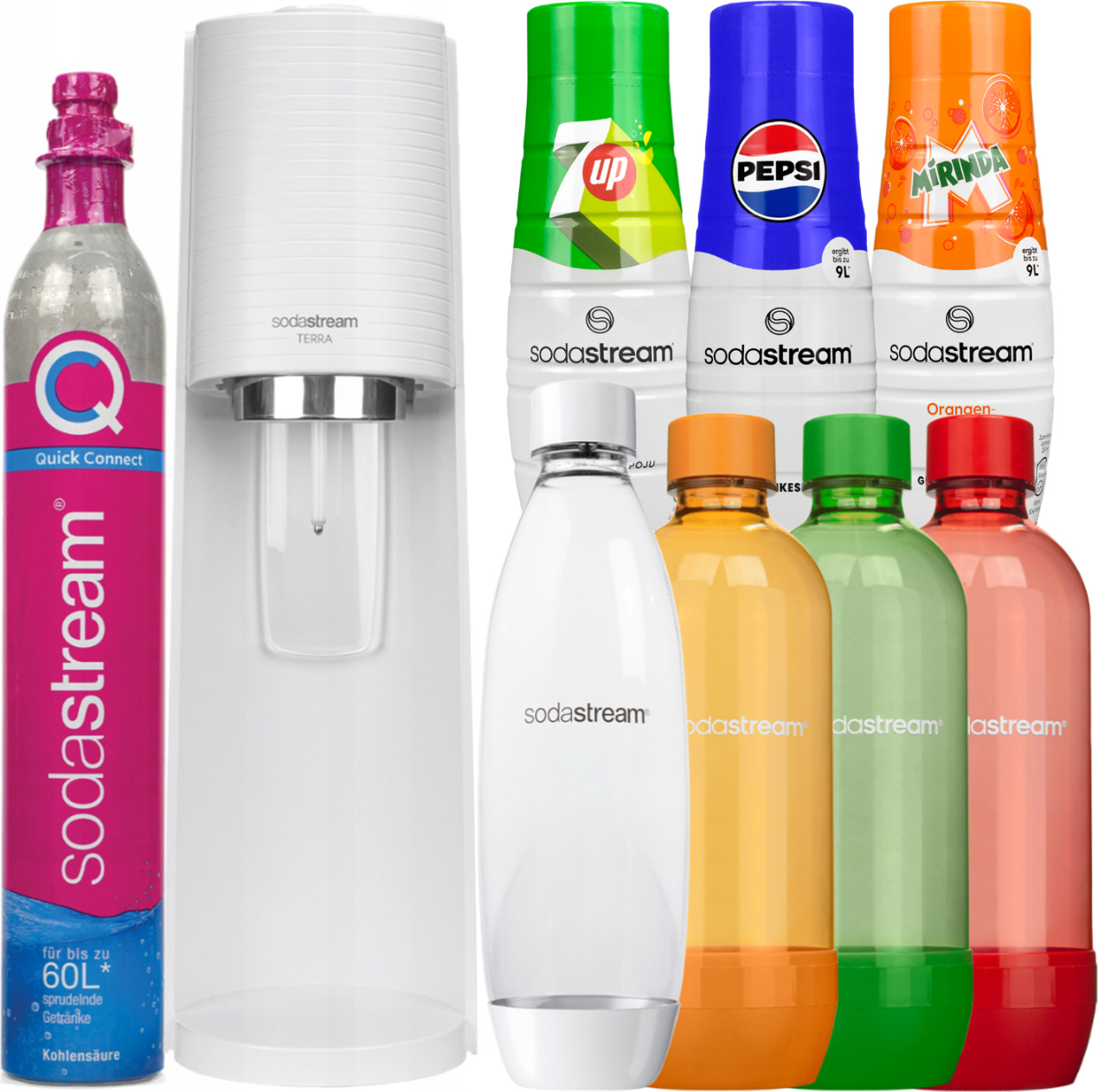 Výrobník sódy SodaStream Terra White + jedna fľaša + Fľaše 3x1L oranžová/zelená/červená + Sirup do Sodastream Pepsi, Mirinda, 7UP