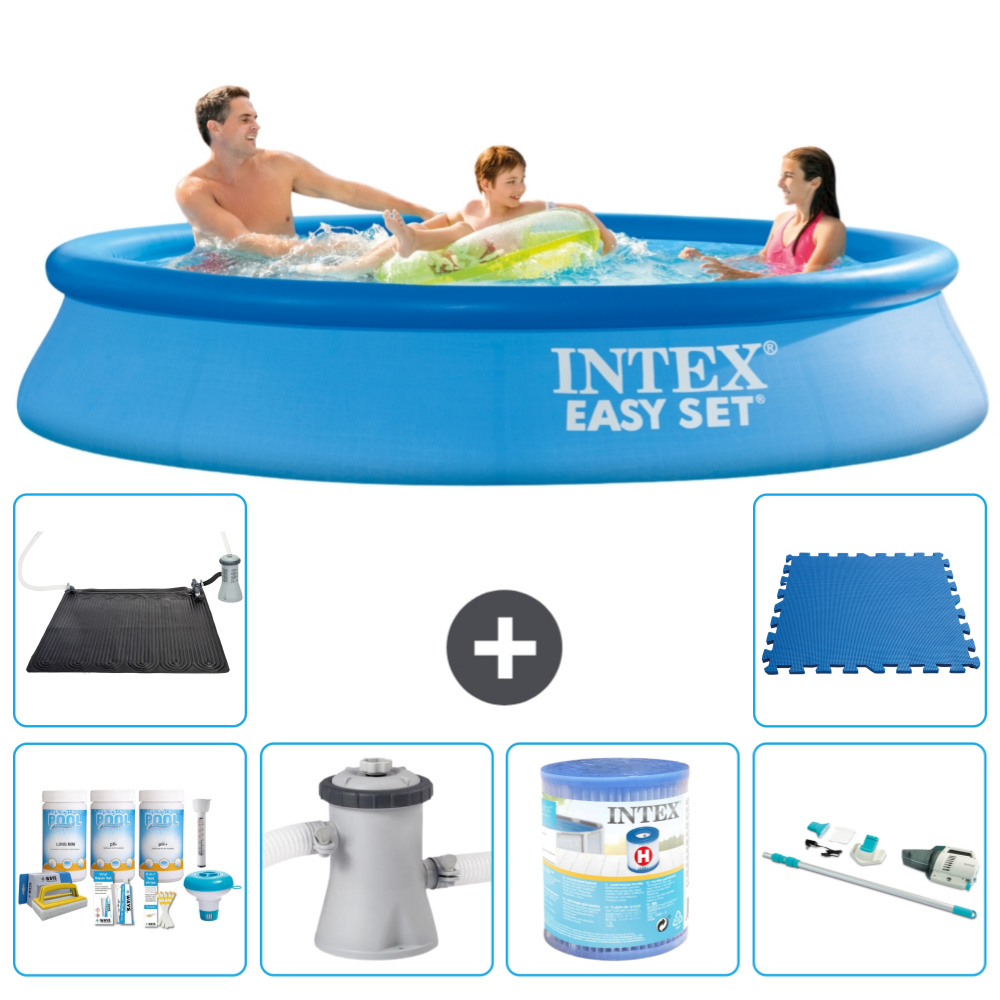 Okrúhly nafukovací bazén Intex Easy Set - 305 x 61 cm - modrý - balík na údržbu v cene - filtračné čerpadlo pre bazén - filter - vysávač - solárna podložka - dlažba