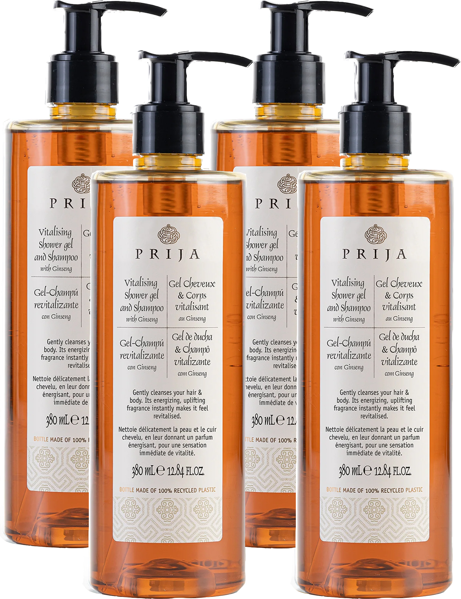 Sprchový šampón Prija - povzbudzujúci čistiaci prostriedok na telo a vlasy so ženšenom - 100% prírodný, vhodný pre vegánov, testované (4 kusy)