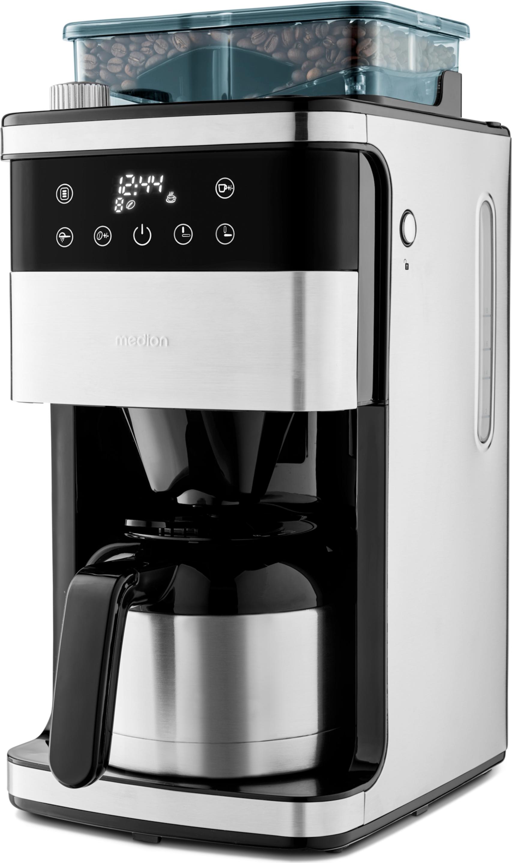 MEDION MD 19911, Kávovar, 1 L, Kávové zrná, Vstavaný mlynček, 1000 W, Čierna, Nerezová oceľ