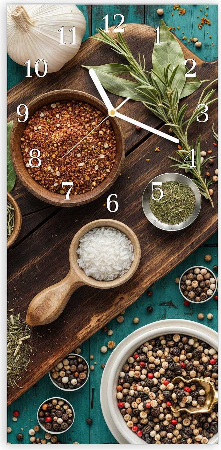 Primedeco Wanduhr aus Glas mit Motiv Küchenzutaten Holztisch- 30 x 60 cm - inkl. Aufhängesystem