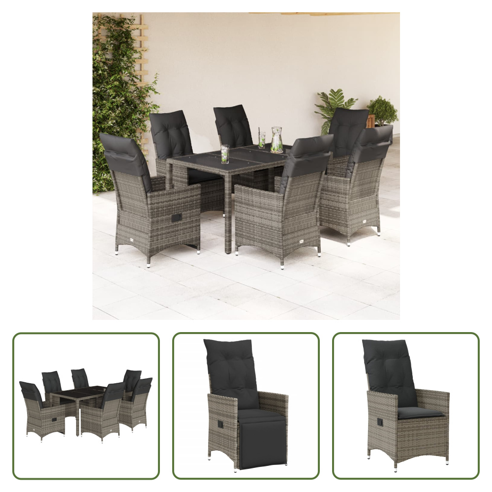 The Living Store 7-dielny záhradný jedálenský set s vankúšmi sivý polyratan