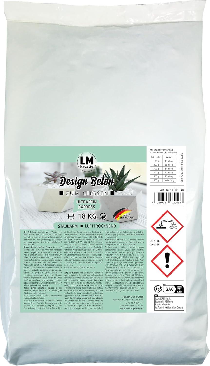 Franken LM-Kreativ Design Beton - Ultrafein Express (18 kg) Beton zum Basteln. Extrem feiner & schnell trocknender Bastelbeton für sehr glatte Oberflächen 1001048