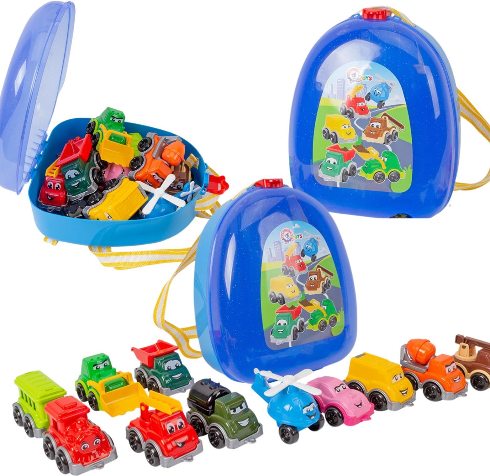 TECHNOK Set aus Autos, Verkehrsmitteln, Zug, Hubschrauber, Abschleppwagen, Rucksack 9253