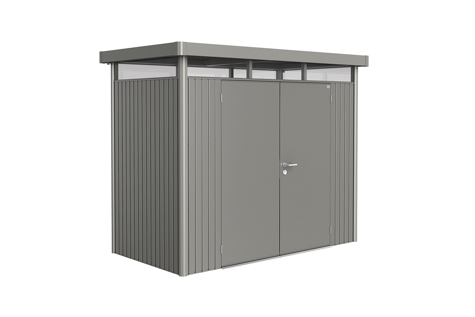 Plechový záhradný domček Biohort HighLine H1 dvojkrídlové dvere 254x134 cm sivý kremeň metalický