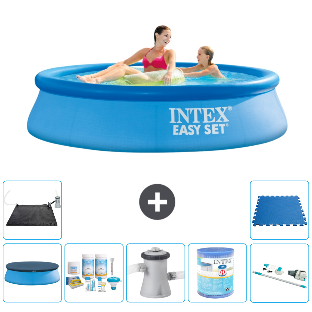 Intex okrúhly nafukovací bazén Easy Set - 244 x 61 cm - modrý - obsahuje kryt - balík na údržbu - filtračné čerpadlo pre bazén - filter - vysávač - solárna podložka