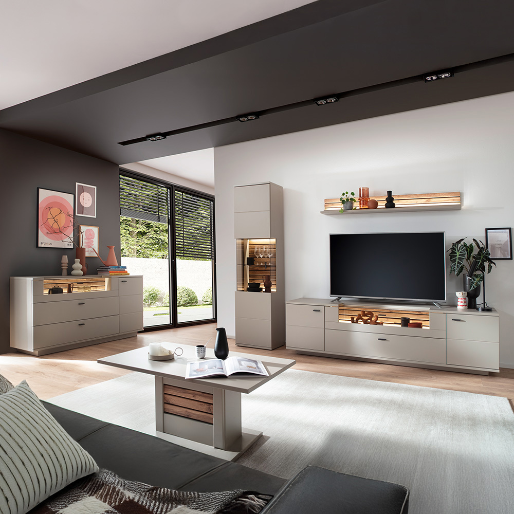 Lomadox Wohnzimmer-Set 5-teilig LIEZEN-05 in grau mit Eiche inkl. Beleuchtung LA05-LIEZEN-05-SET16