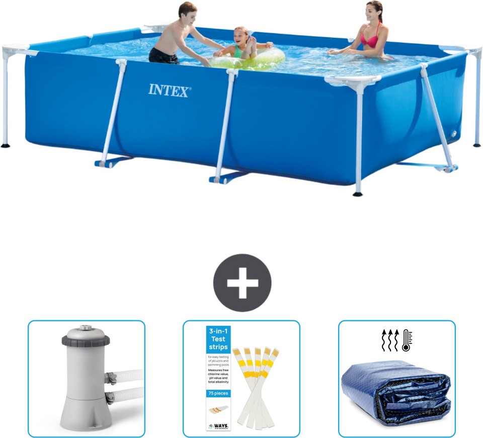 Bazén Intex s obdĺžnikovým rámom - 300 x 200 x 75 cm - Modrý - Súčasťou dodávky je filtračné čerpadlo pre bazén - Testovacie prúžky - Slnečná markíza