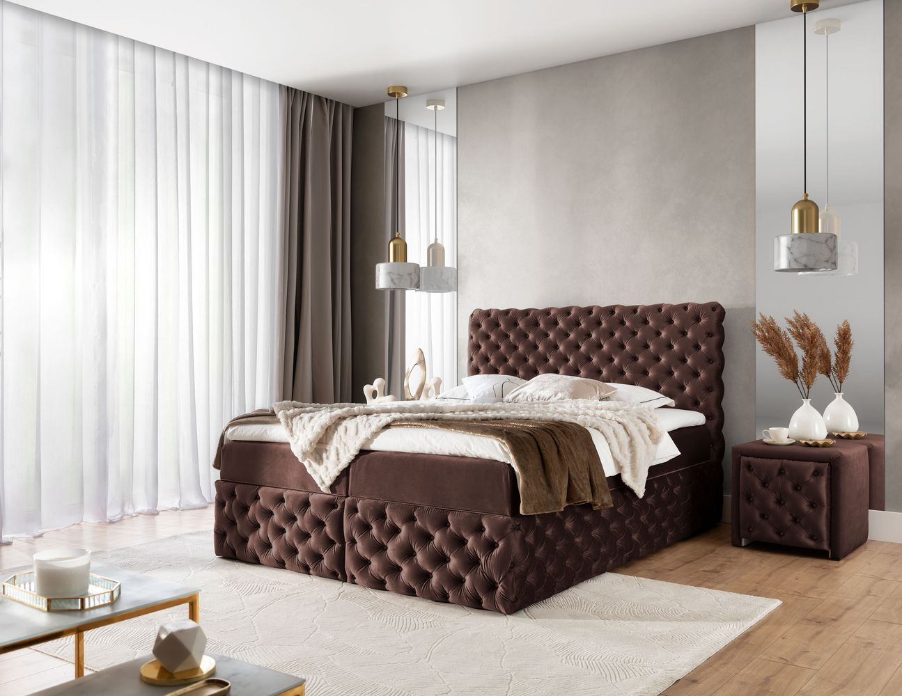 Čalúnená manželská posteľ 180x200 WANEKA - tmavo hnedá + topper ZDARMA