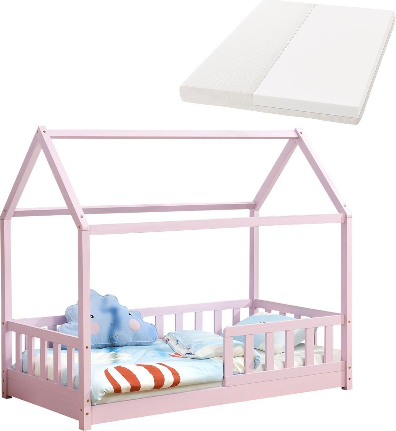 Juskys Kinderbett Marli 80 x 160 cm mit Matratze, Lattenrost & Dach - Holz Rosa 28483999