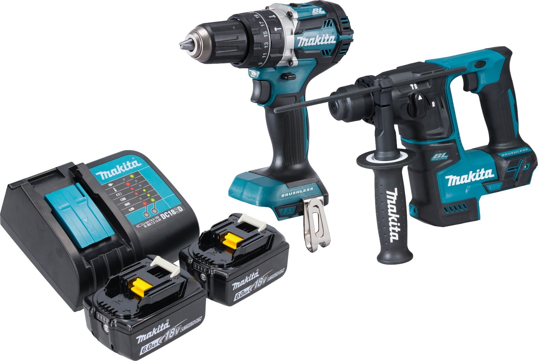 Akumulátorová kombinovaná súprava Makita DLX 2278 SG + príklepová vŕtačka DHP 484 54 Nm + vŕtacie kladivo DHR 171 1,2 J + 2x akumulátor 6,0 Ah + nabíjačka